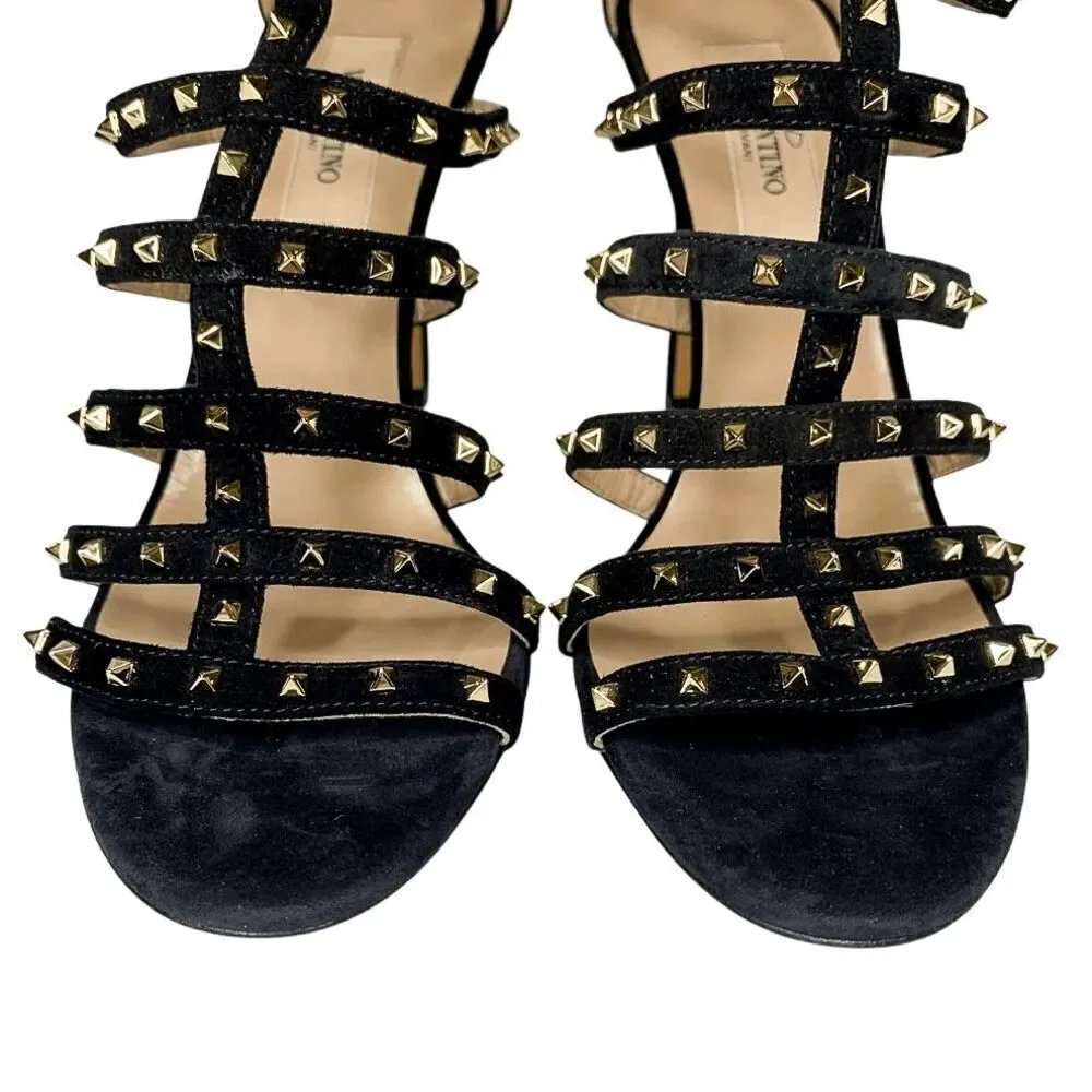Valentino Garavani Caged Stud Sandal EU 37 US 7 Black Suede High Heel Rockstud